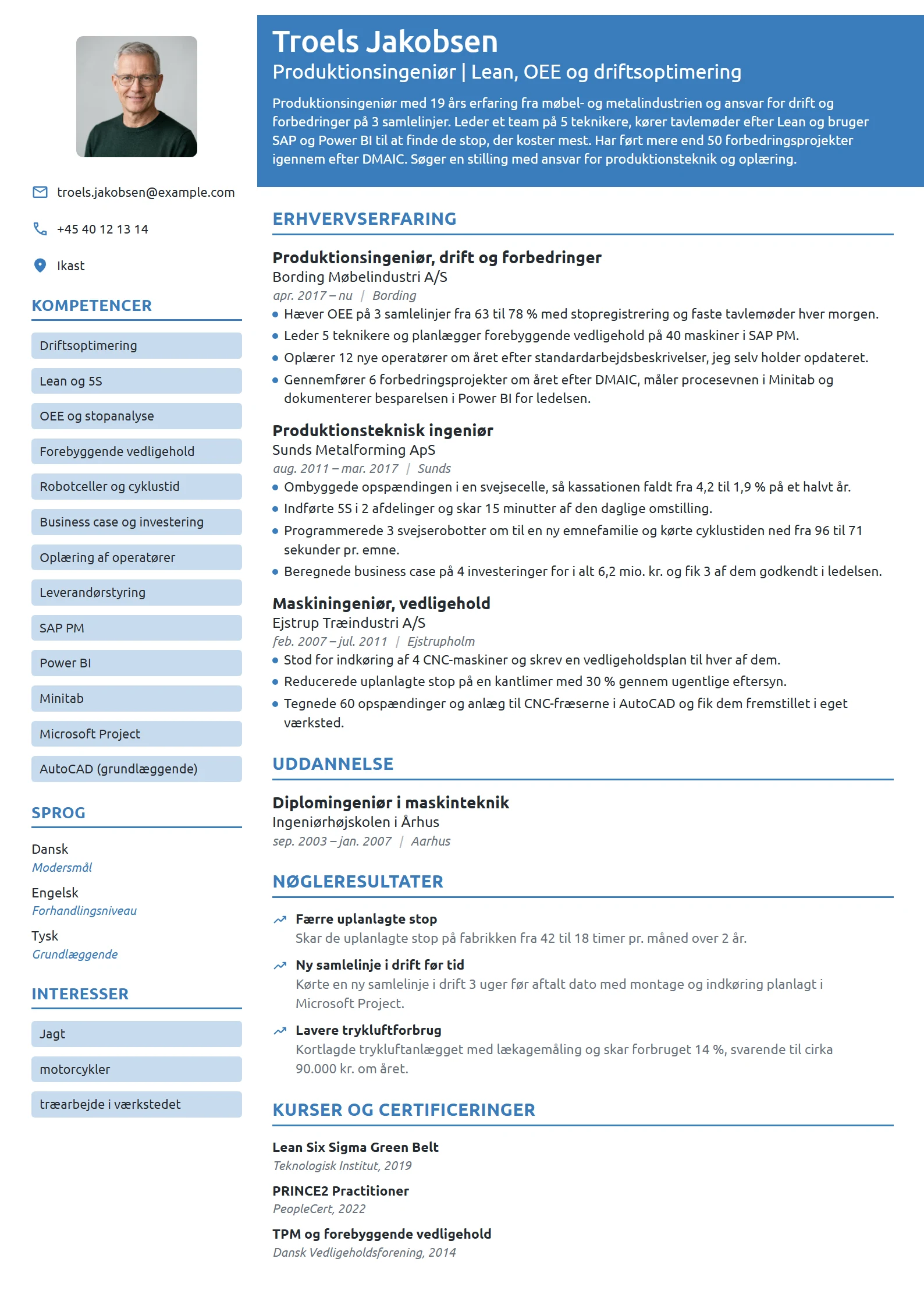 CV-eksempel til produktionsingeniør med driftsansvar
