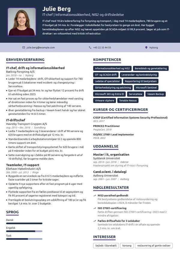CV-eksempel til IT-chef med ansvar for NIS2 og drift