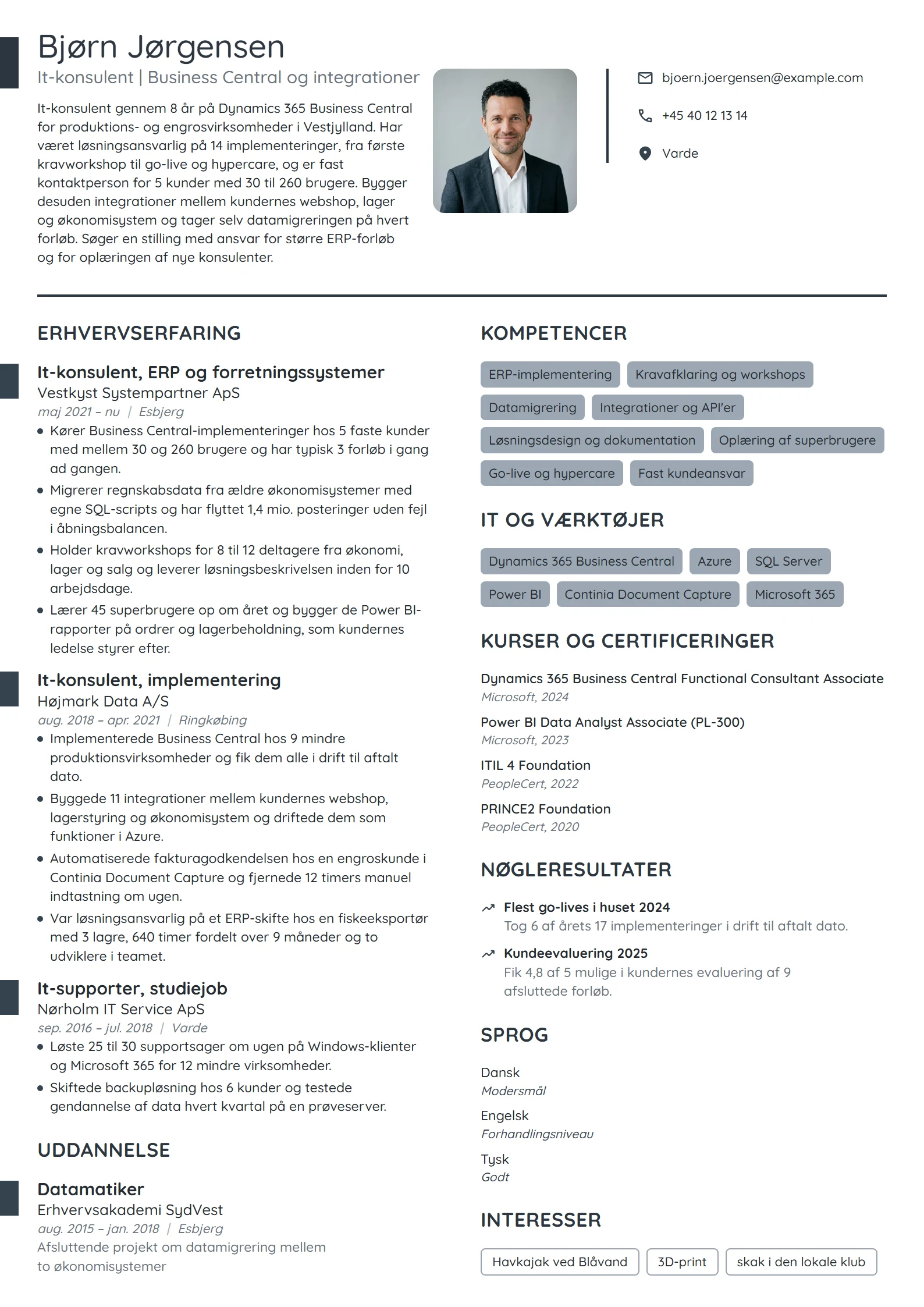 CV-eksempel til erfaren it-konsulent, ERP-forløb