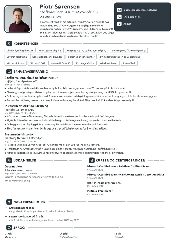 CV-eksempel til ledende it-konsulent, cloud og drift