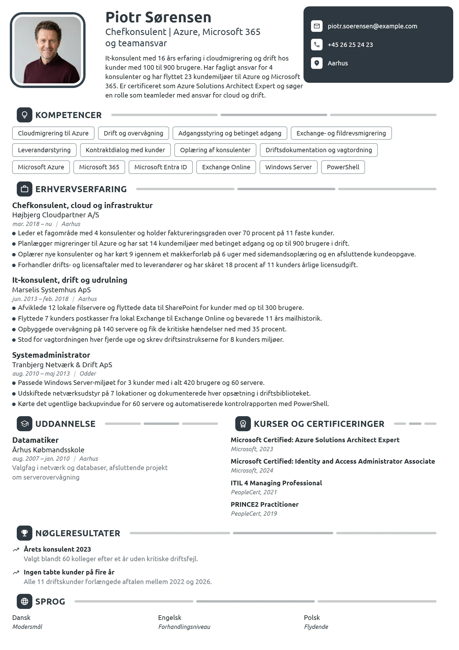 CV-eksempel til ledende it-konsulent, cloud og drift