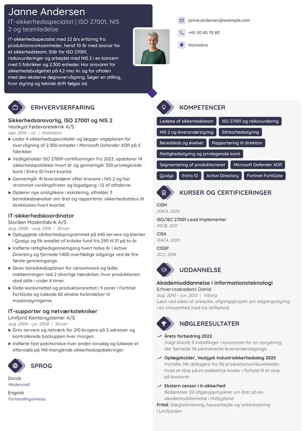 CV-eksempel til sikkerhedsansvarlig med ISO 27001