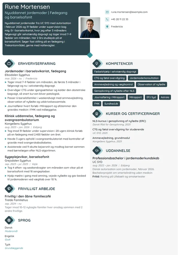 CV-eksempel til nyuddannet jordemoder i vikariat