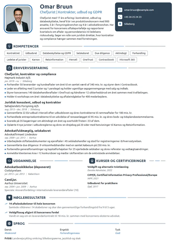CV-eksempel til chefjurist med ansvar for kontrakter