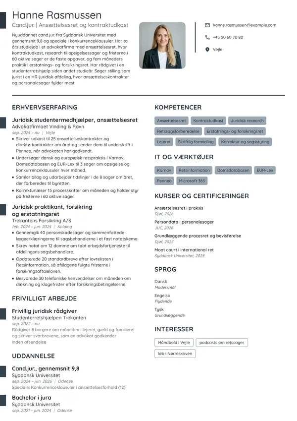 CV-eksempel til nyuddannet cand.jur. med studiejob