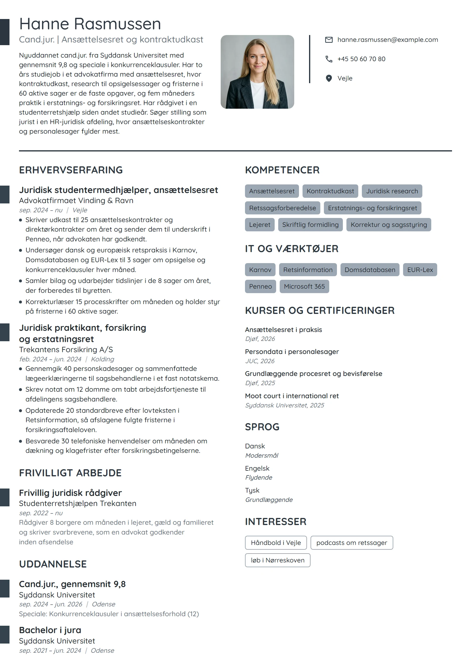 CV-eksempel til nyuddannet cand.jur. med studiejob
