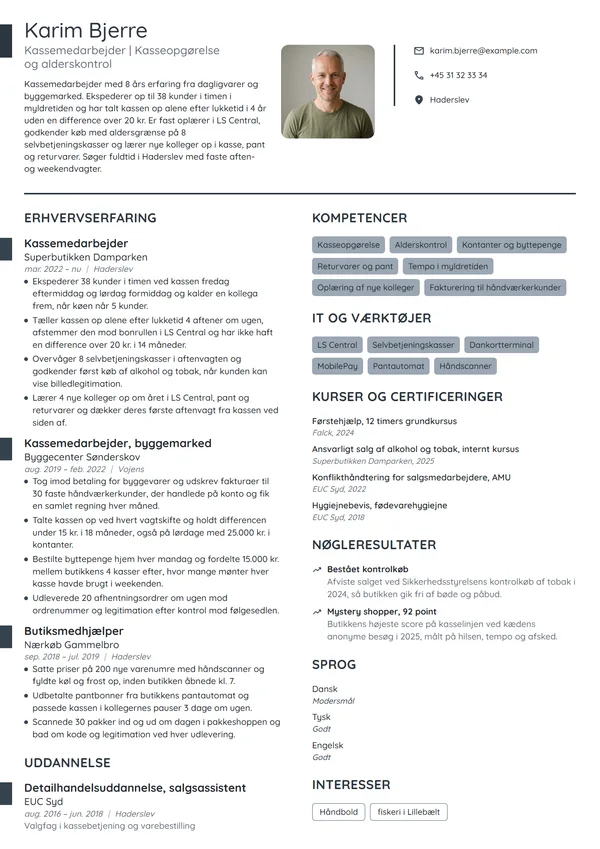 CV-eksempel til erfaren kassemedarbejder i supermarked