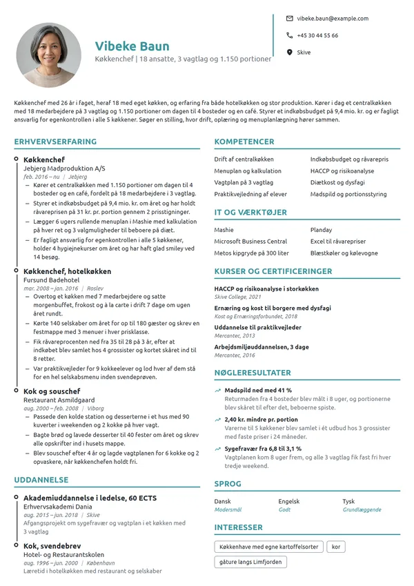 CV-eksempel til køkkenchef for et centralkøkken