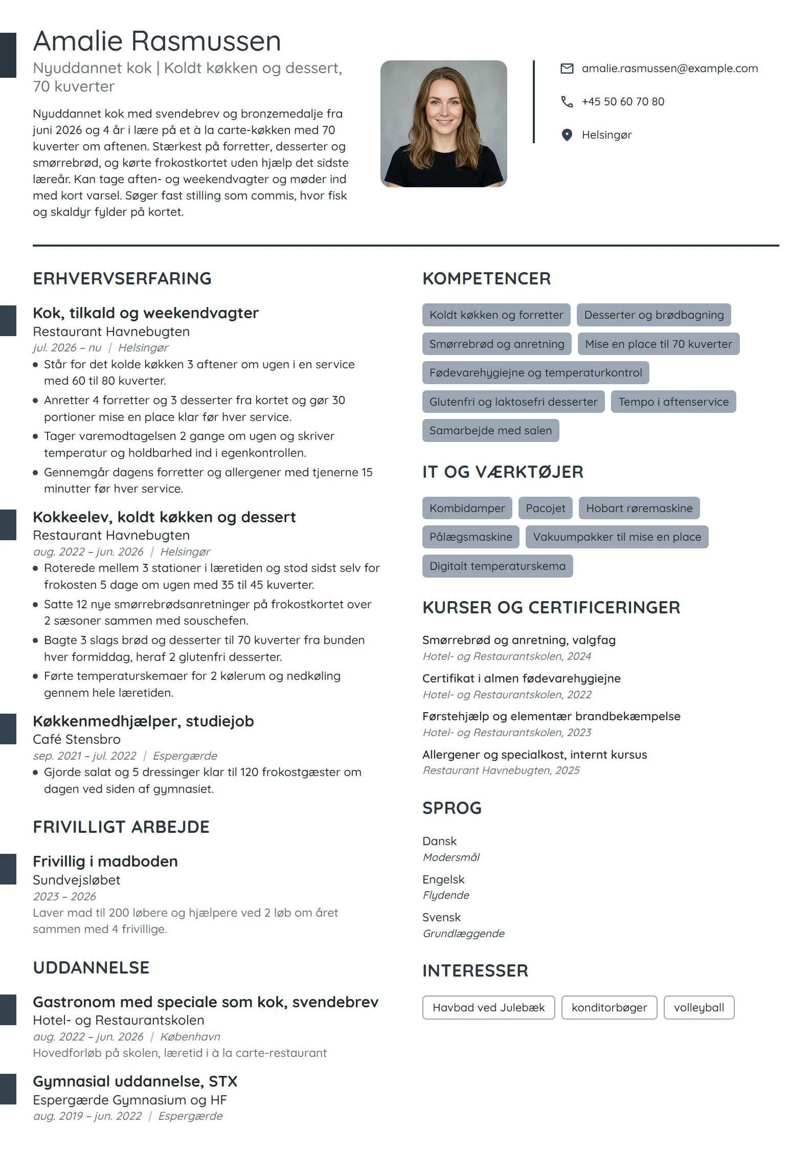 CV-eksempel til nyuddannet kok med svendebrev