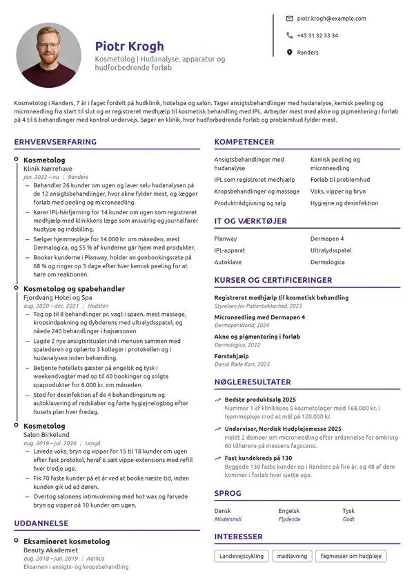 CV-eksempel til erfaren kosmetolog på hudklinik