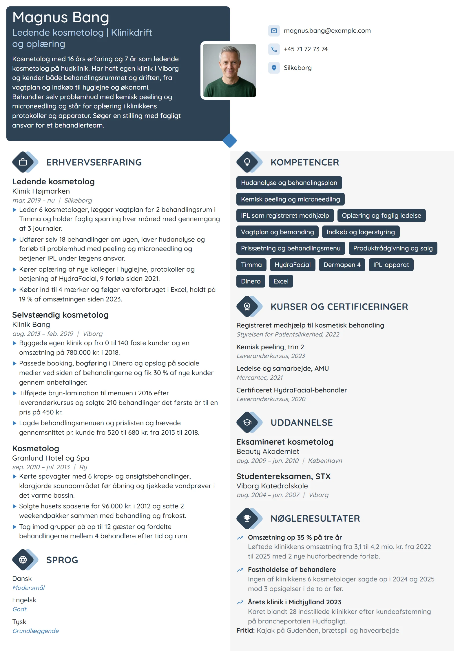 CV-eksempel til ledende kosmetolog med driftsansvar