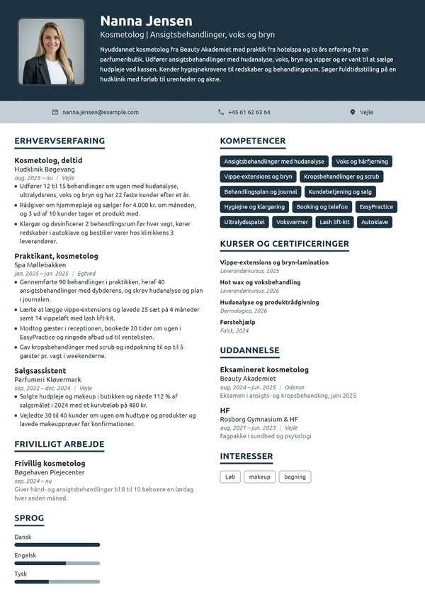 CV-eksempel til nyuddannet kosmetolog med praktik