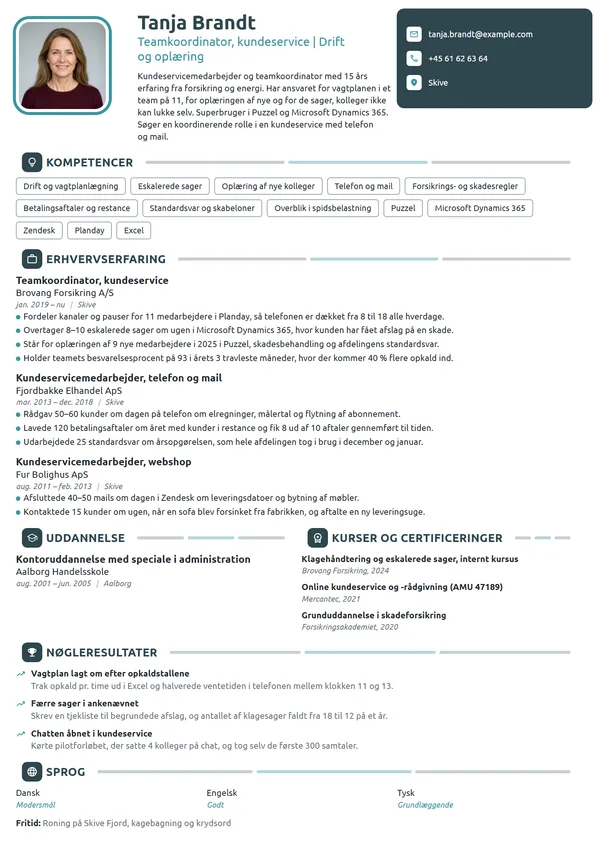 CV-eksempel til teamkoordinator i kundeservice