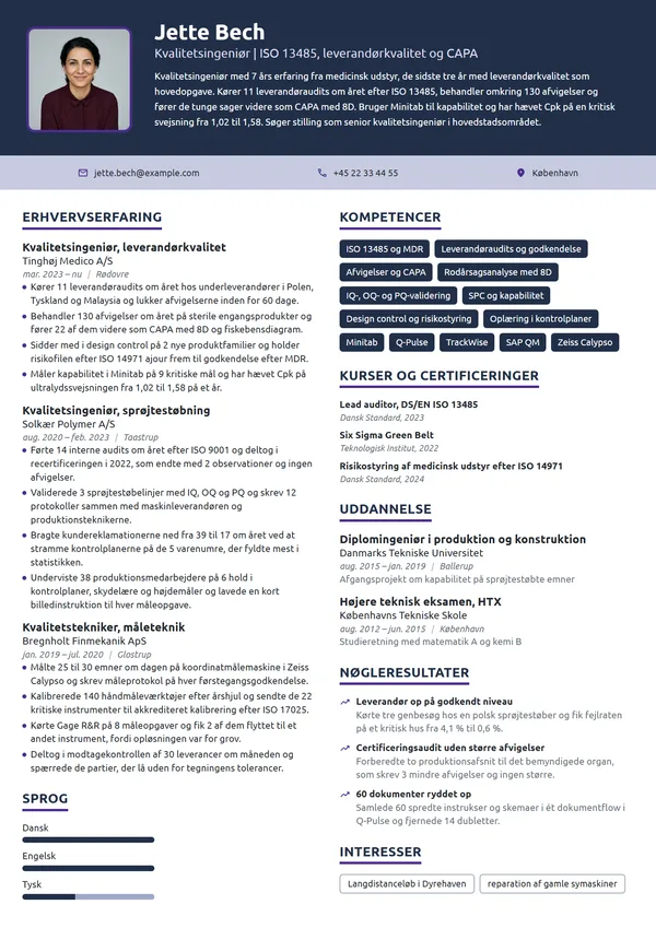 CV-eksempel til erfaren kvalitetsingeniør i medico