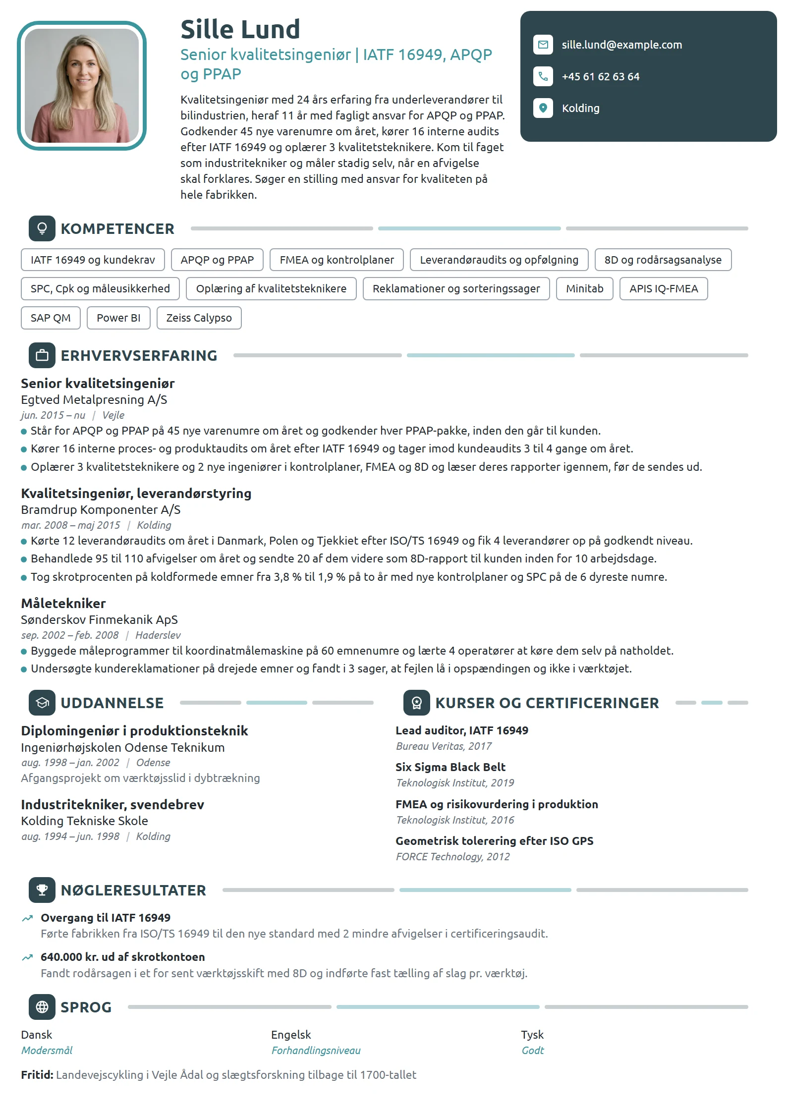CV-eksempel til senior kvalitetsingeniør, automotive
