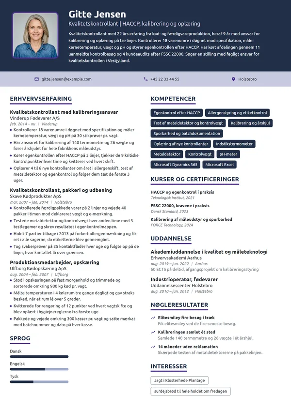 CV-eksempel til kvalitetskontrollant i fødevarer, 22 år