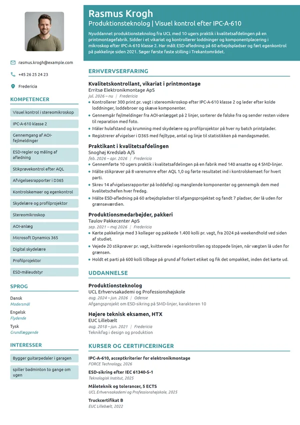 CV-eksempel til ny kvalitetskontrollant i elektronik