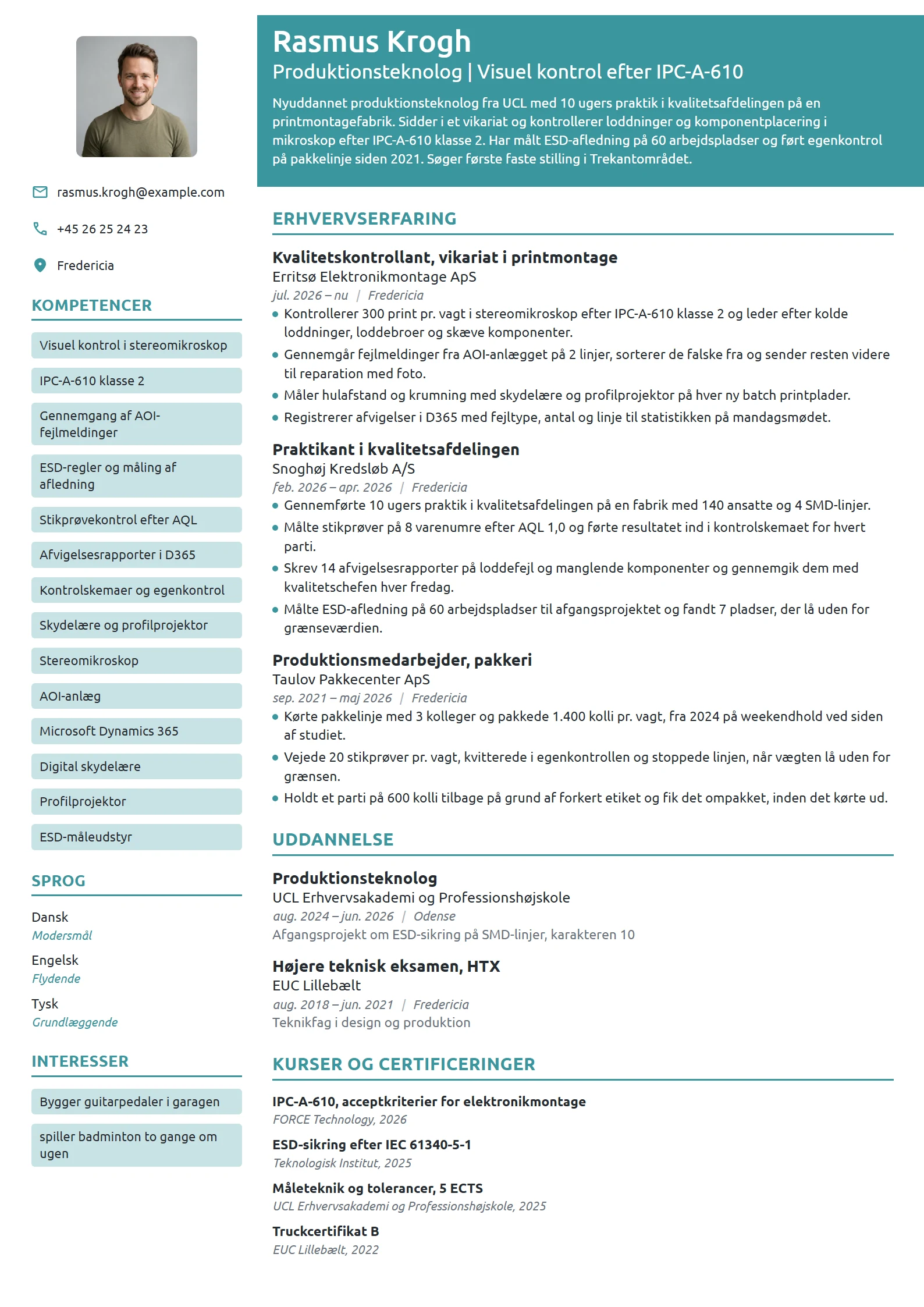 CV-eksempel til ny kvalitetskontrollant i elektronik