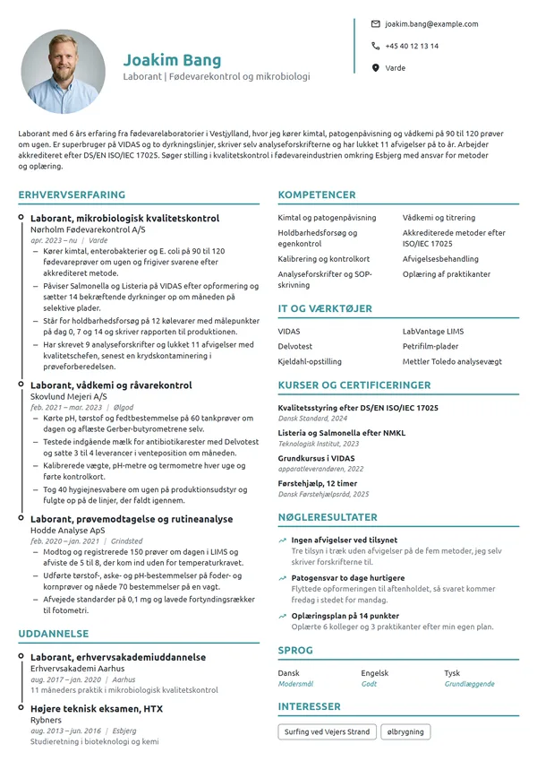 CV-eksempel til erfaren laborant i fødevarekontrol
