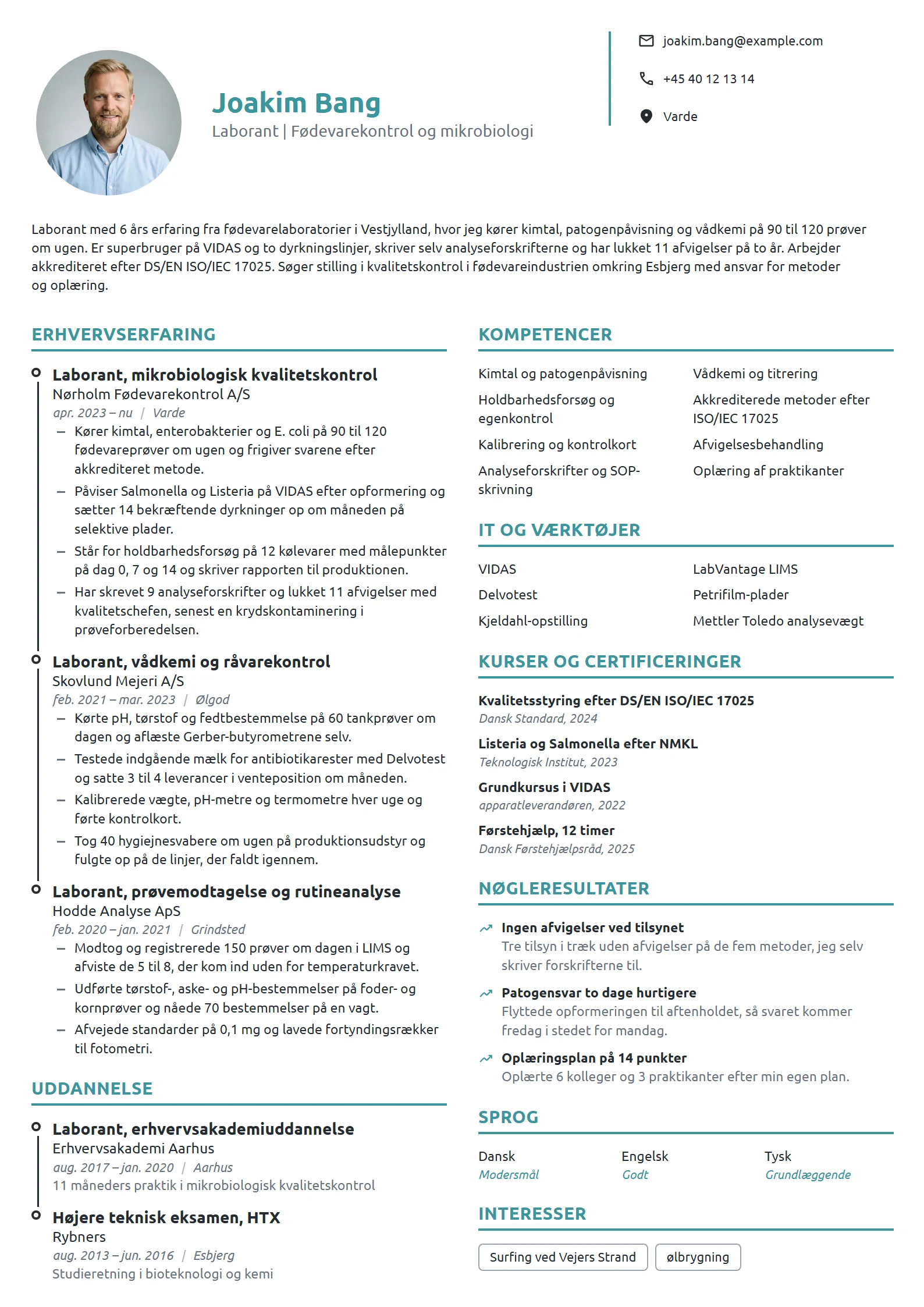 CV-eksempel til erfaren laborant i fødevarekontrol