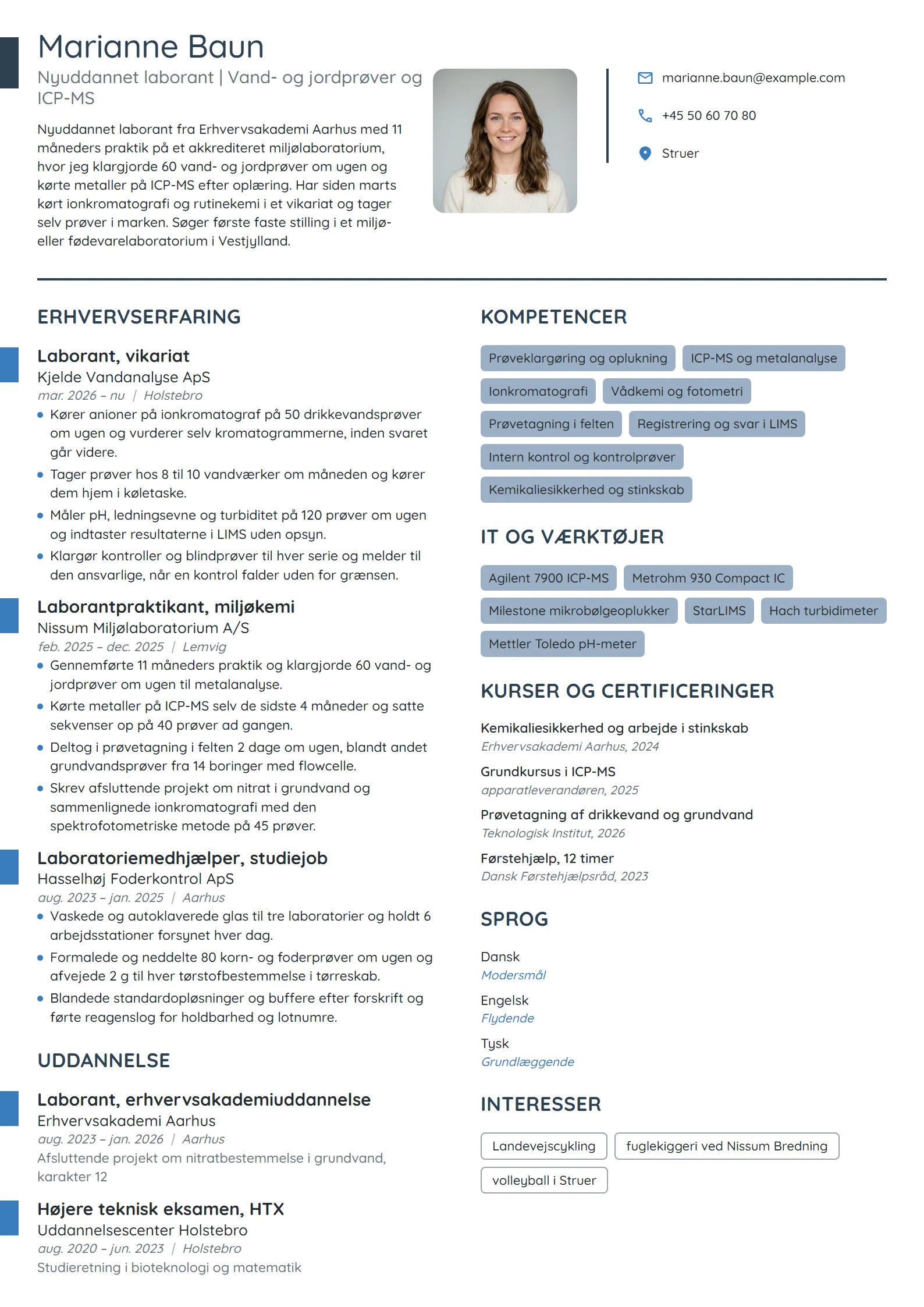 CV-eksempel til nyuddannet laborant, praktik i miljølab