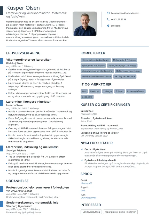 CV-eksempel til erfaren lærervikar og vikarkoordinator