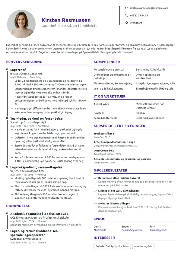 CV-eksempel til erfaren lagerchef på grossistlager