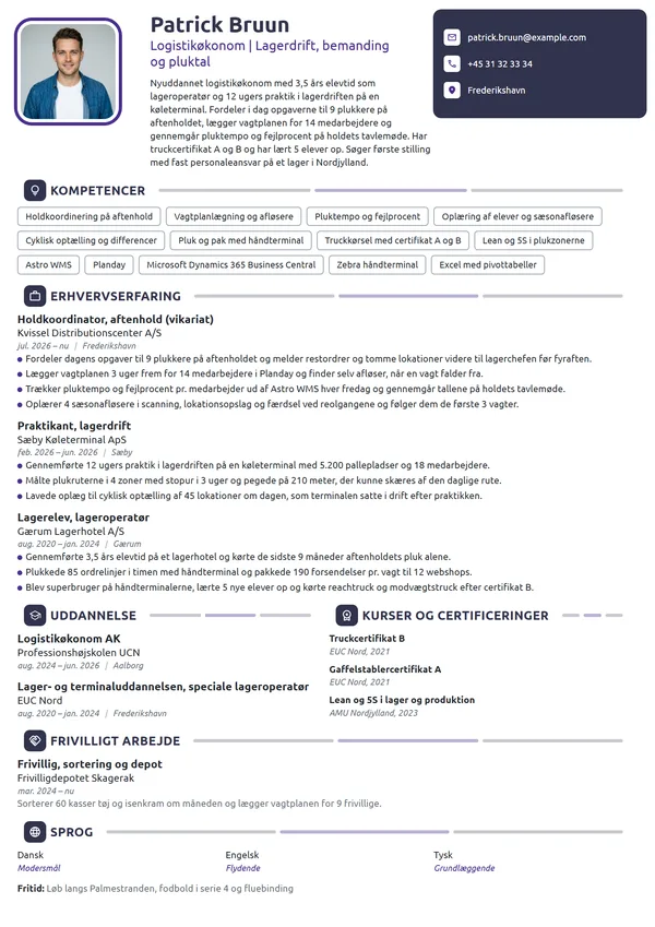 CV-eksempel til nyuddannet logistikøkonom, holdansvar