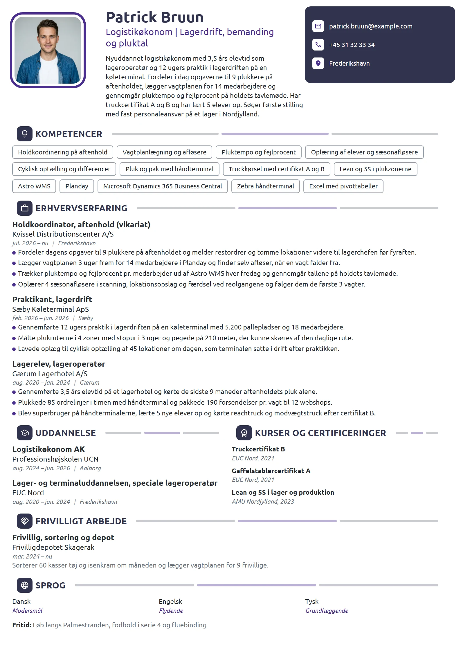 CV-eksempel til nyuddannet logistikøkonom, holdansvar