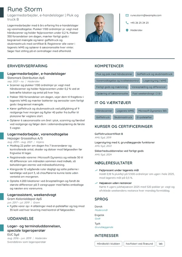CV-eksempel til erfaren lagermedarbejder, e-handel