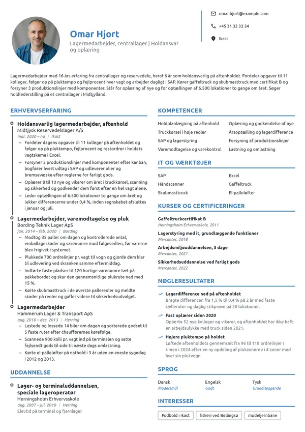 CV-eksempel til lagermedarbejder med holdansvar