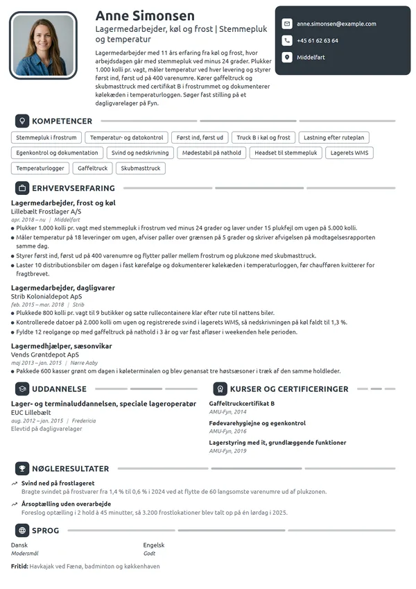 CV-eksempel til lagermedarbejder på kølelager