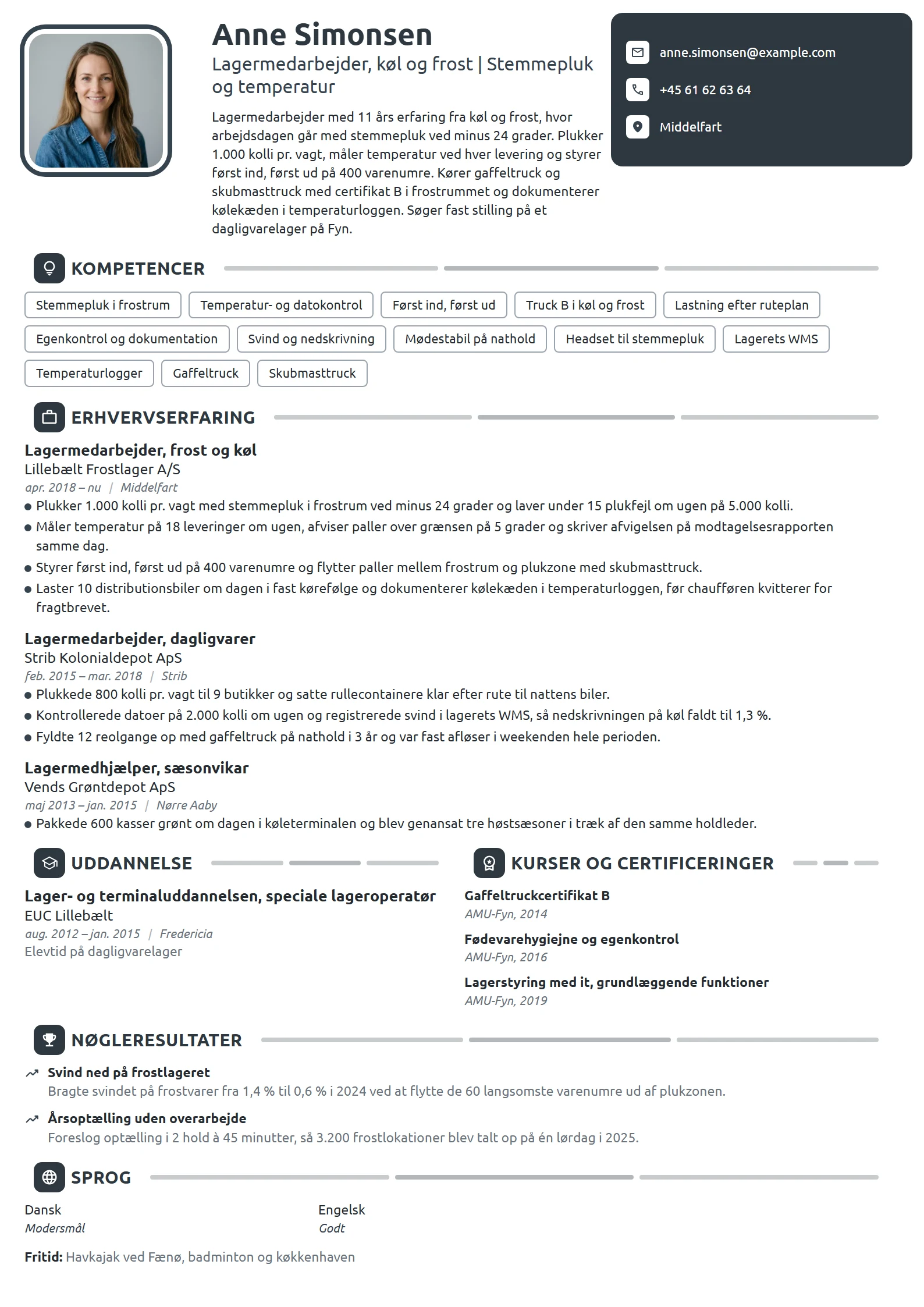 CV-eksempel til lagermedarbejder på kølelager