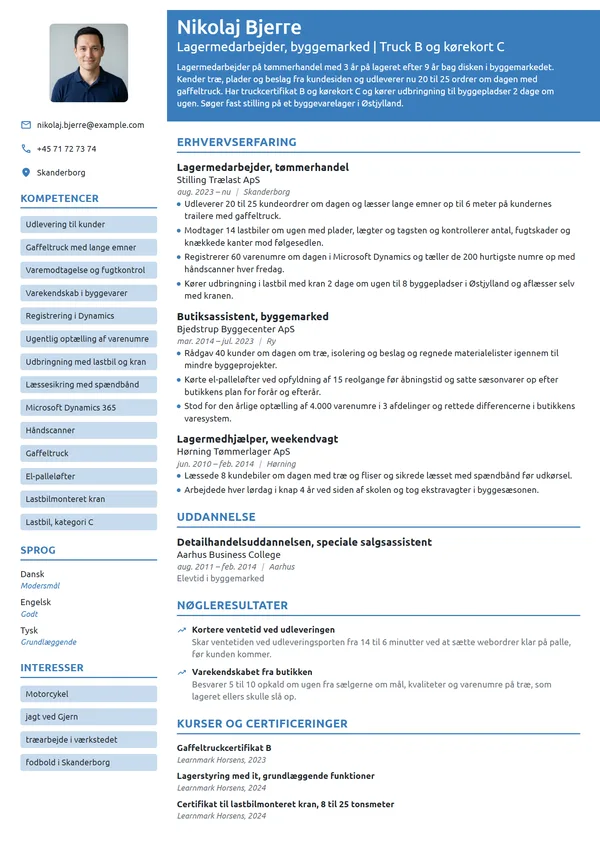 CV-eksempel til skift fra butik til lagerjob