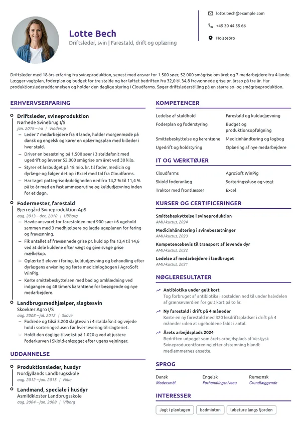CV-eksempel til driftsleder i svineproduktion