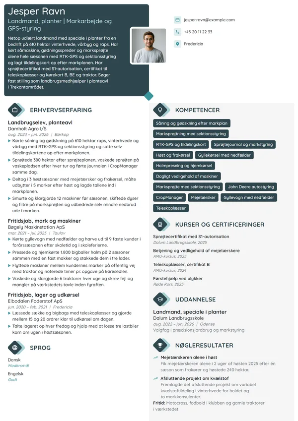 CV-eksempel til nyuddannet landmand, planteavl