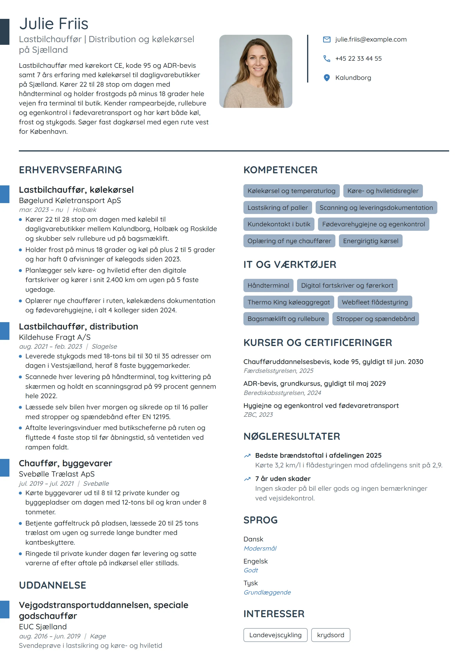 CV-eksempel til erfaren chauffør, distribution og køl