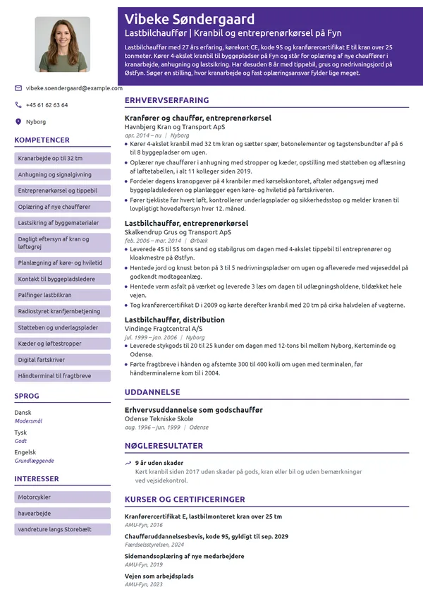 CV-eksempel til kranfører med 27 års erfaring