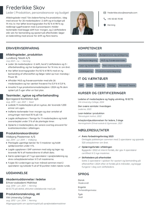 CV-eksempel til erfaren afdelingsleder i produktion
