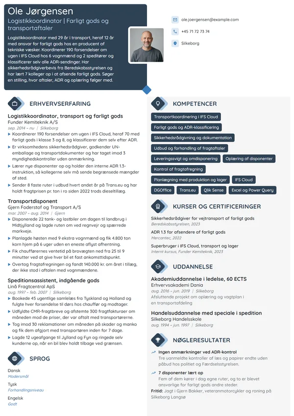 CV-eksempel til erfaren koordinator, farligt gods
