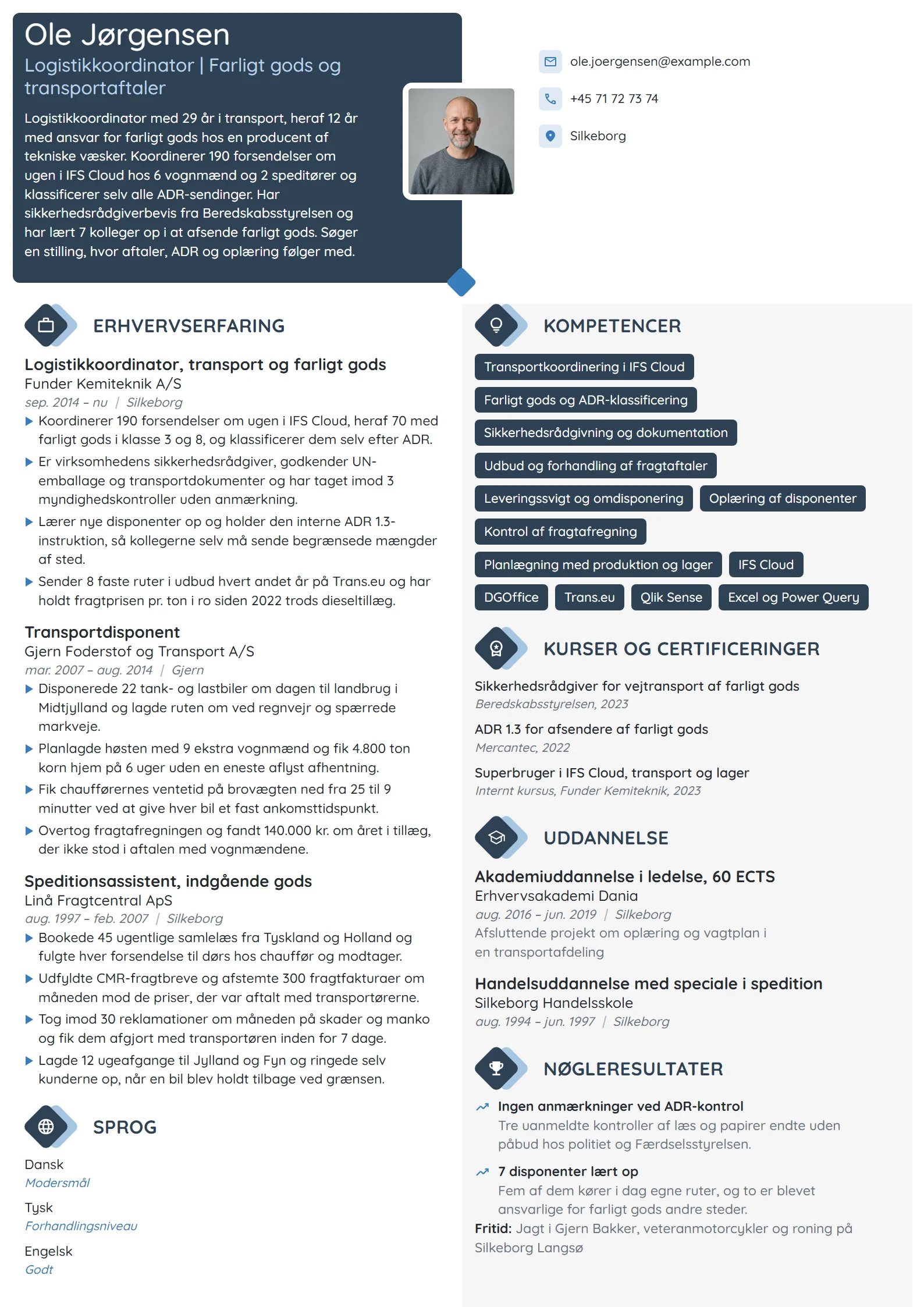 CV-eksempel til erfaren koordinator, farligt gods