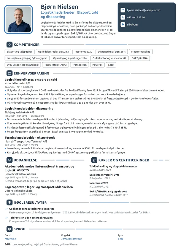 CV-eksempel til logistikmedarbejder, eksport og told