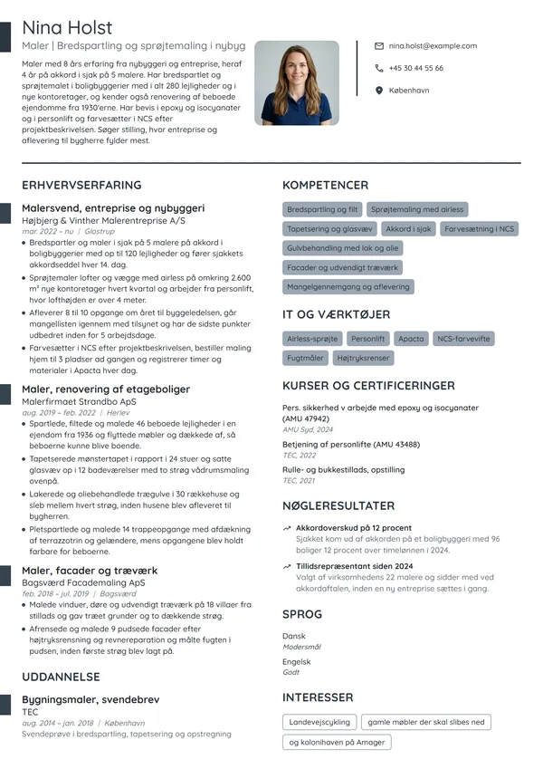 CV-eksempel til erfaren maler i nybyggeri