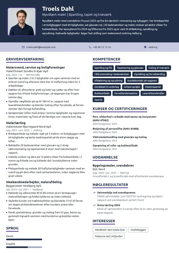CV-eksempel til nyudlært maler med svendebrev