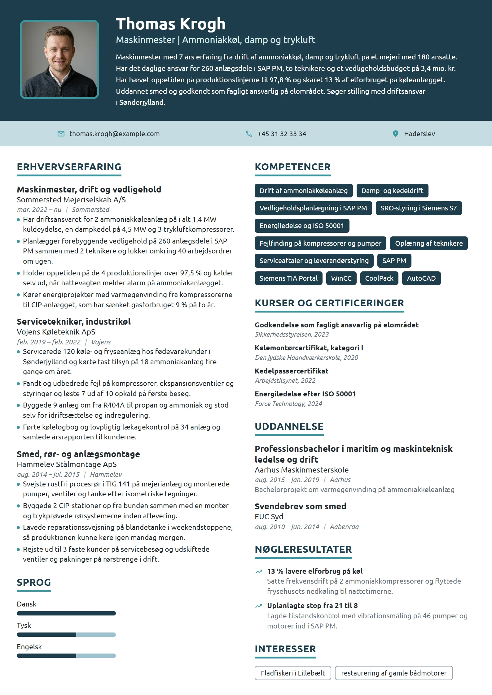 CV-eksempel til erfaren maskinmester i mejeridrift