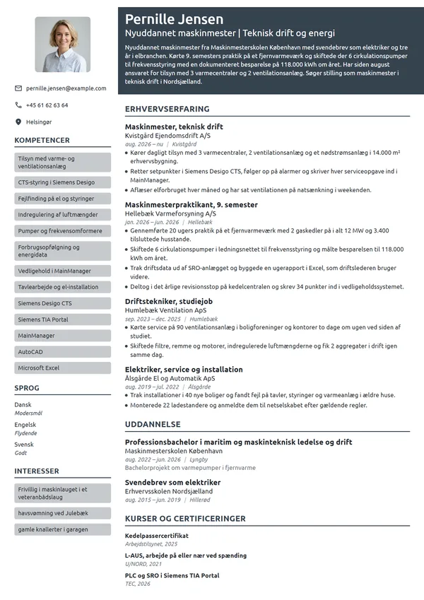 CV-eksempel til nyuddannet maskinmester med praktik