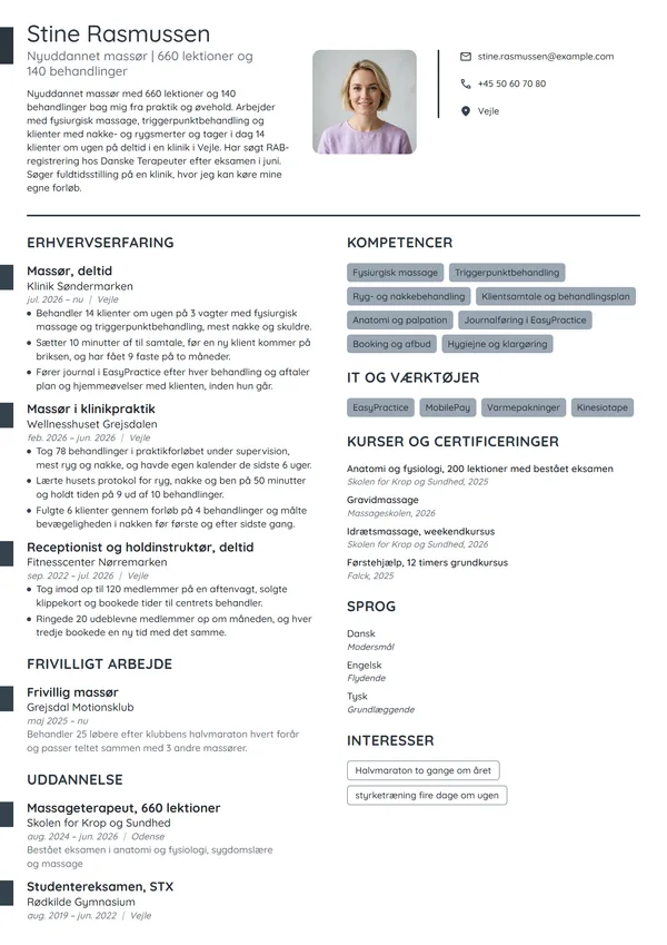 CV-eksempel til nyuddannet massør med klinikpraktik