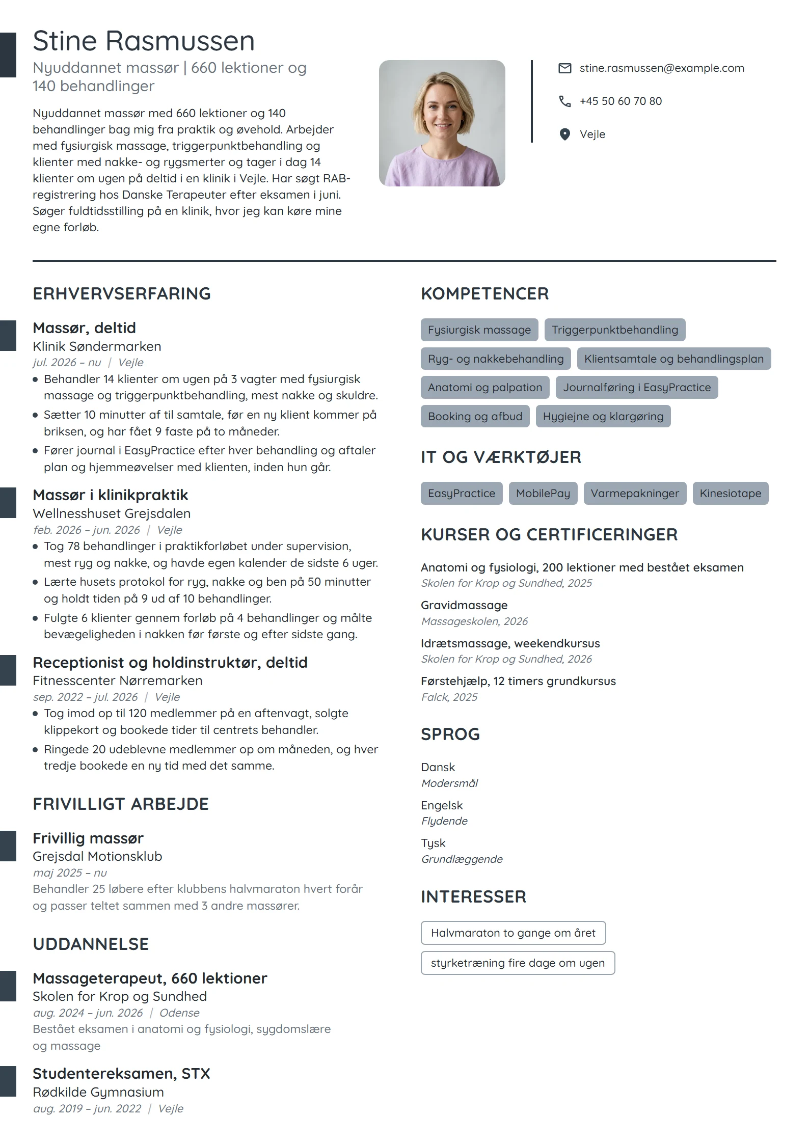 CV-eksempel til nyuddannet massør med klinikpraktik