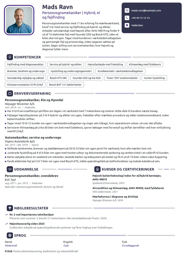 CV-eksempel til erfaren mekaniker, hybrid og el