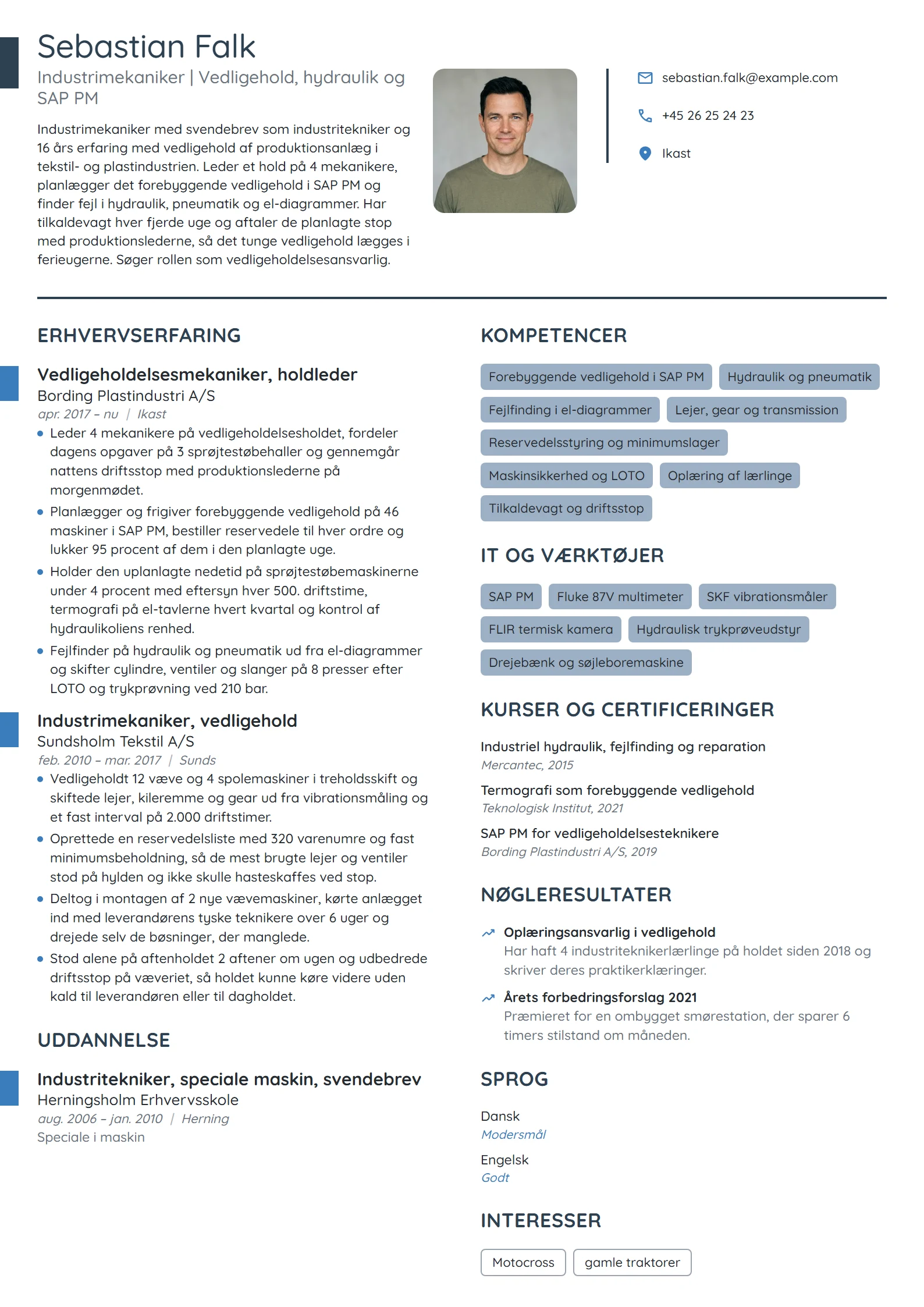 CV-eksempel til mekaniker med ansvar for vedligehold